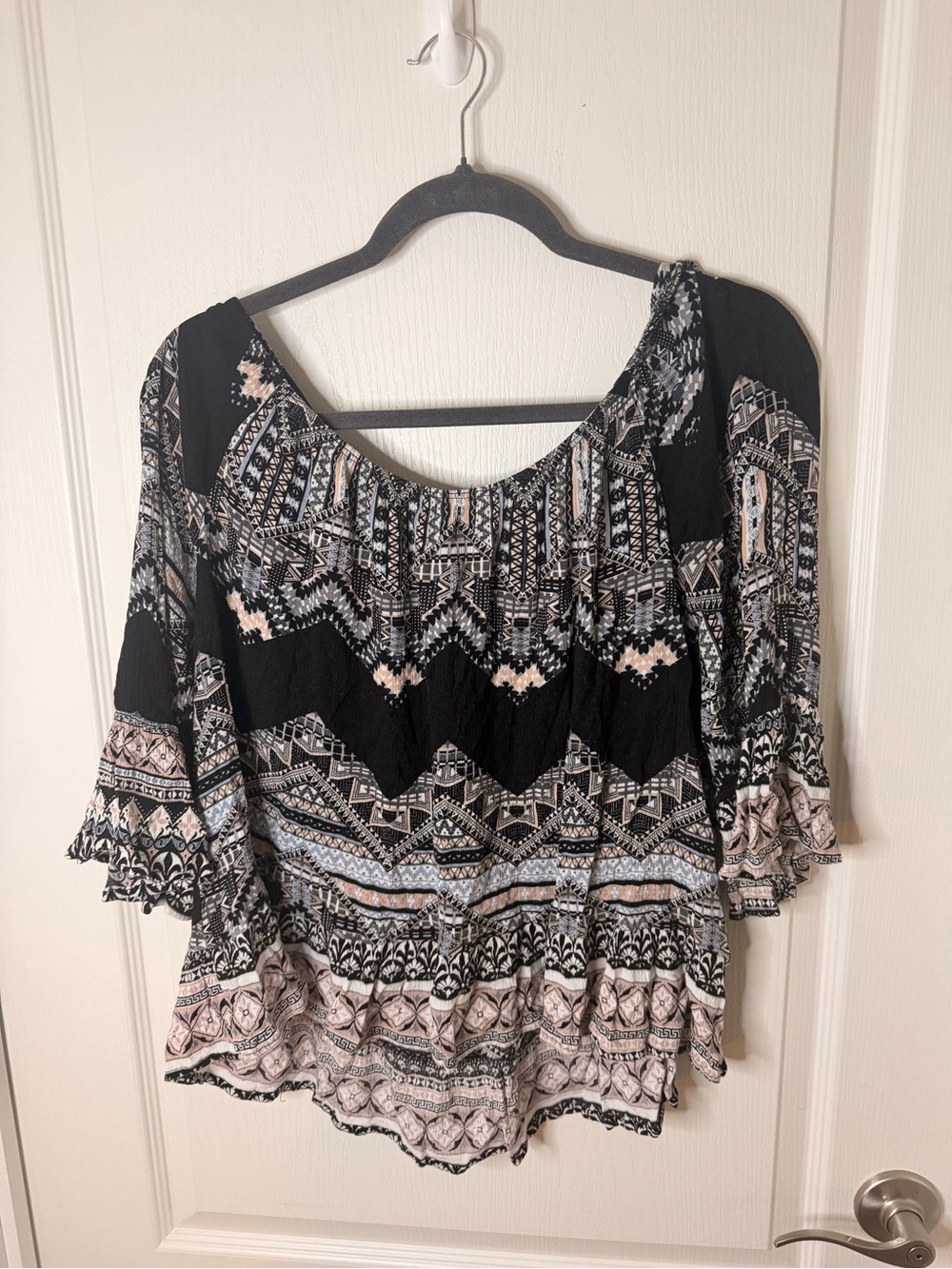 Mauve Black and Cream Geometric Scoop-Neck Tunic